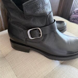 Frye Black Leather Buckle Ankle Boots